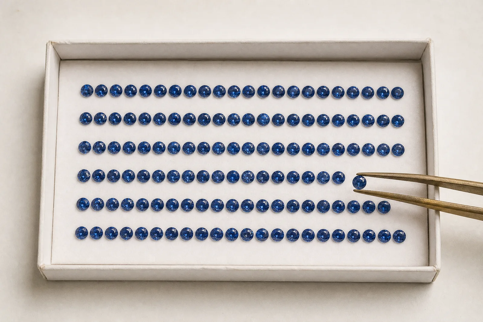 Rows of matched round blue sapphires in a white parcel tray