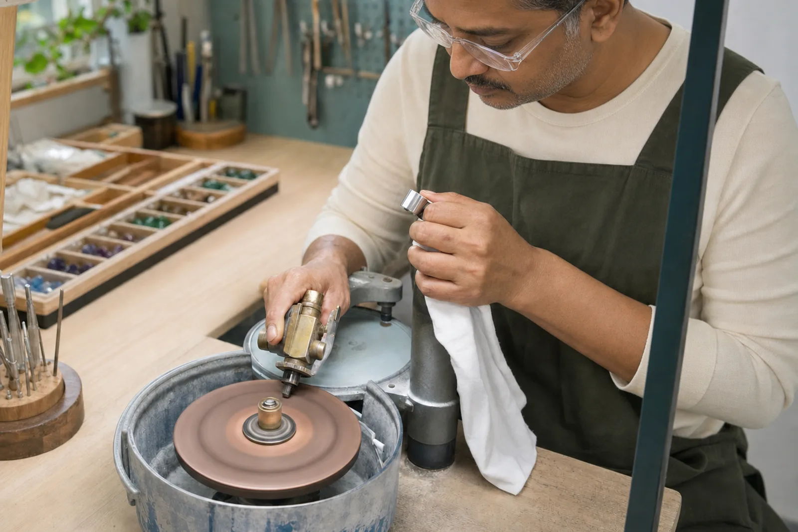 A gem cutter pressing a stone against a copper lap wheel with a hand faceting tool